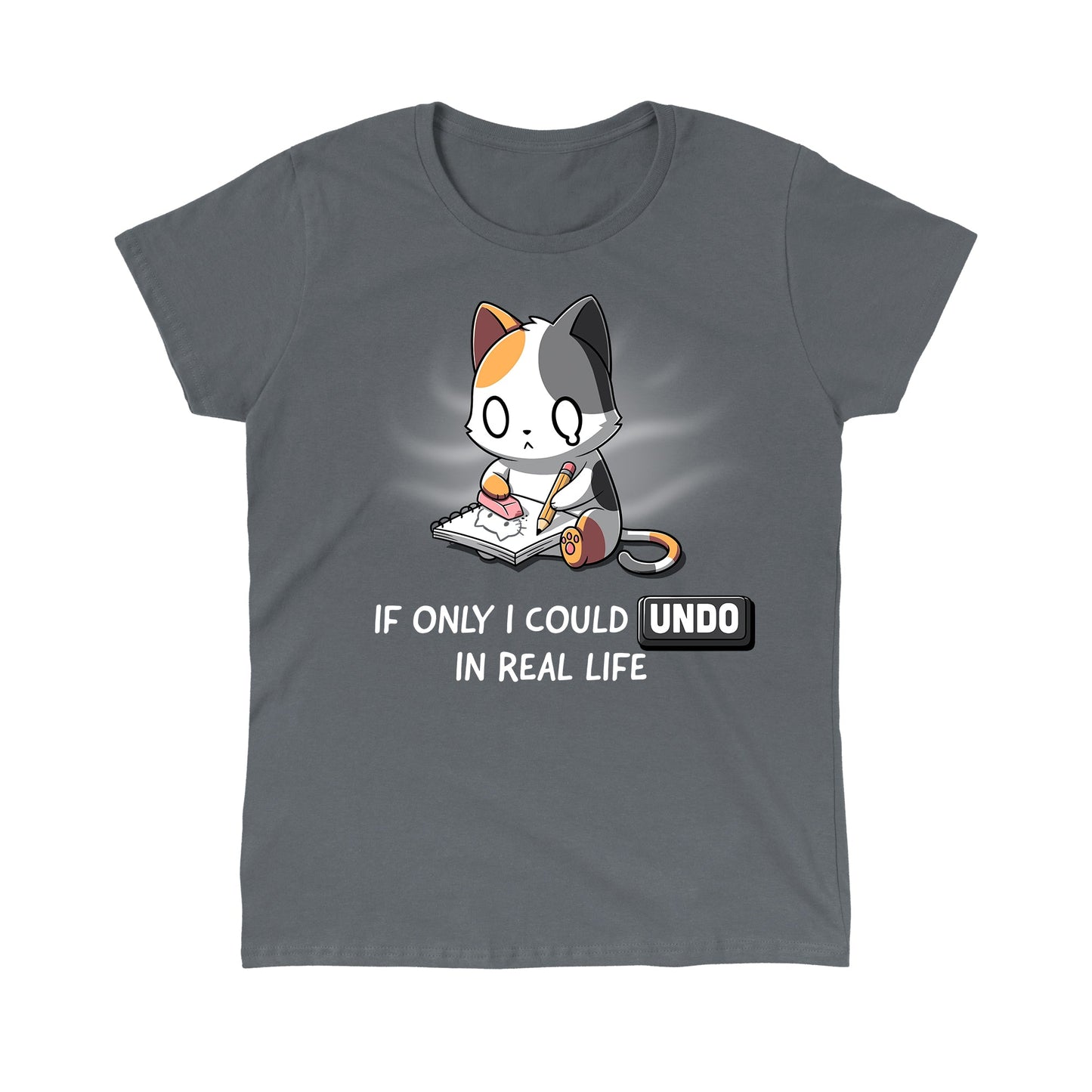 Classic Cotton T-shirt_TeeTurtle If Only I Could Undo in Real Life charcoal gray t-shirt featuring an illustration of a sad cartoon cat erasing a drawing, with "IF ONLY I COULD UNDO IN REAL LIFE" written underneath. 