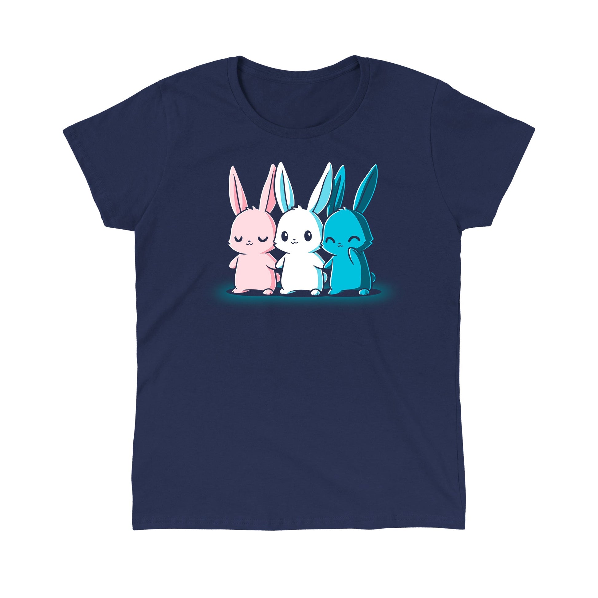 Classic Cotton T-shirt_TeeTurtle Inclusive Bunnies navy blue t-shirt featuring three cute bunnies in pride colors holding hands.