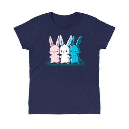 Classic Cotton T-shirt_TeeTurtle Inclusive Bunnies navy blue t-shirt featuring three cute bunnies in pride colors holding hands.