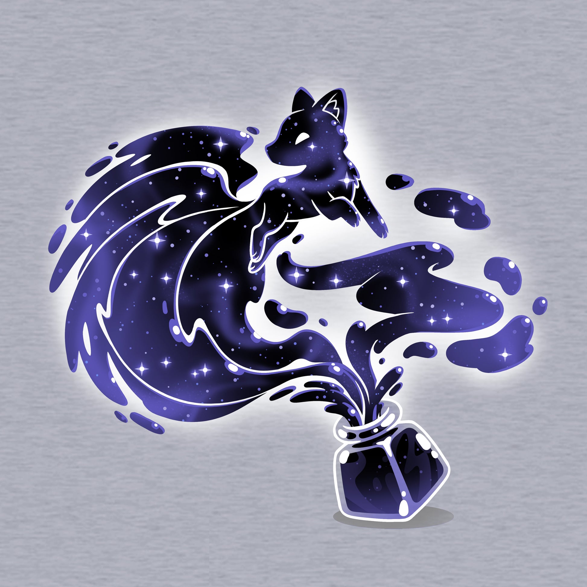 Classic Cotton T-shirt_TeeTurtle Ink Kitsune heather gray t-shirt featuring a glowing, starry fox emerging from an open ink bottle with its tail and body forming flowing, cosmic ink trails. 