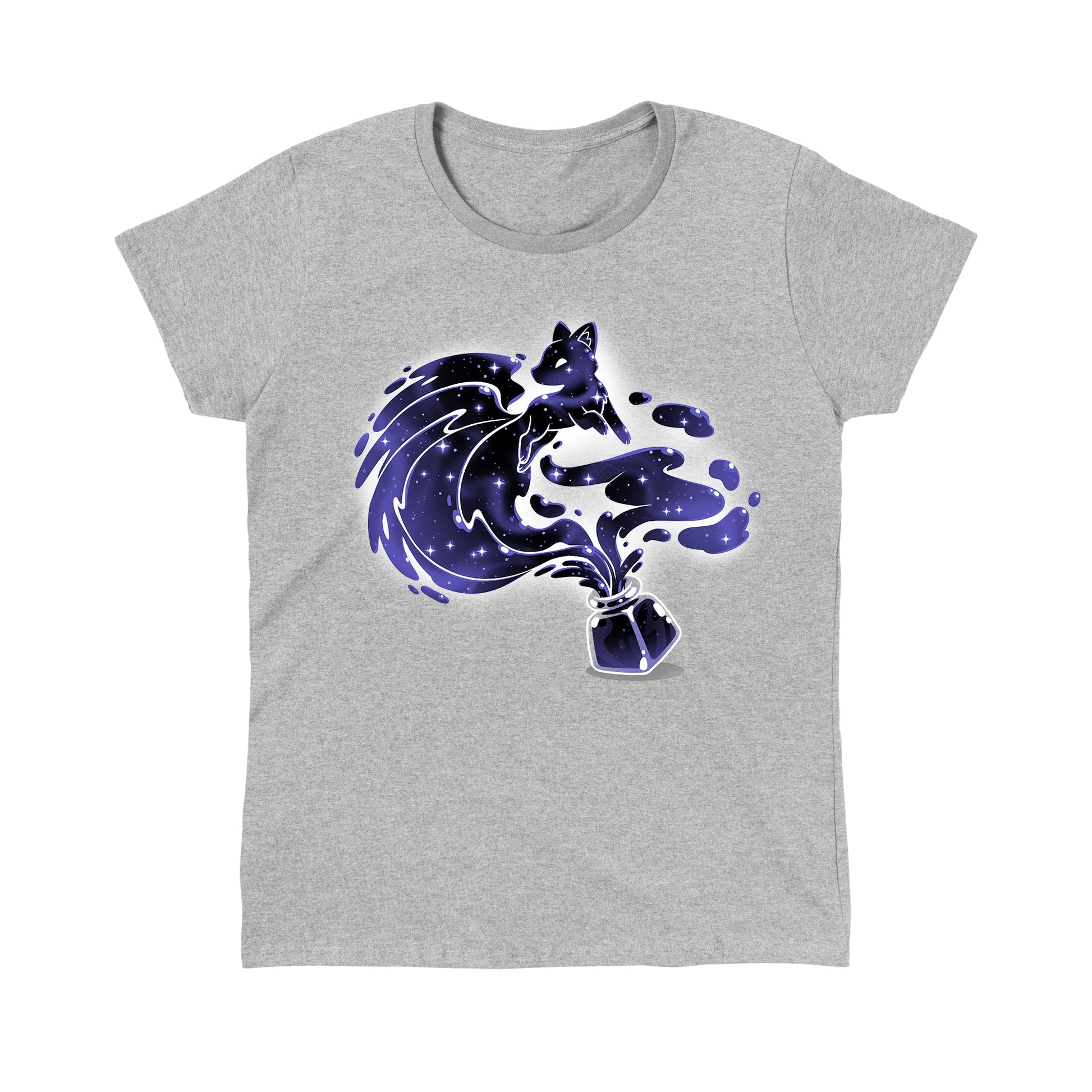 Classic Cotton T-shirt_TeeTurtle Ink Kitsune heather gray t-shirt featuring a glowing, starry fox emerging from an open ink bottle with its tail and body forming flowing, cosmic ink trails. 