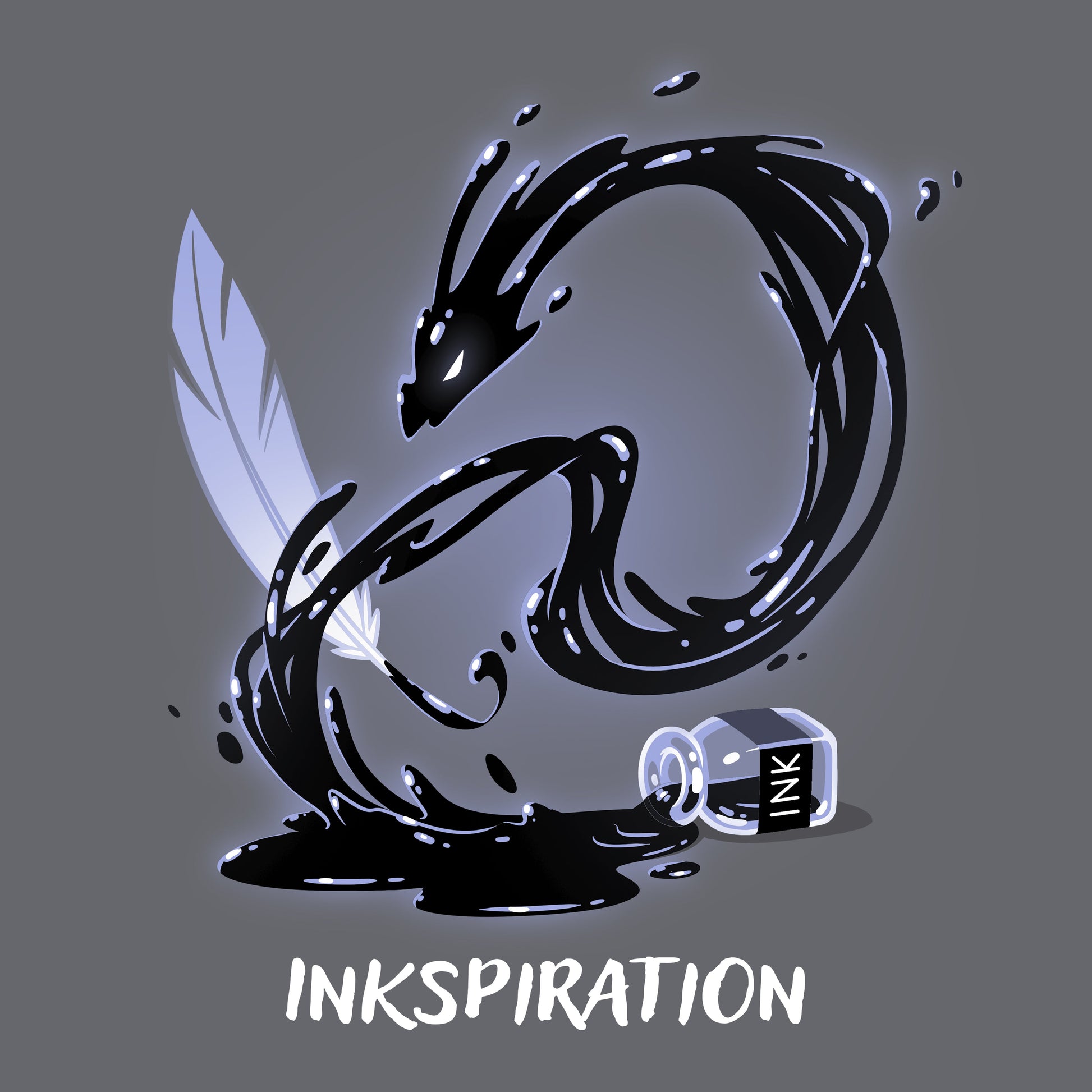 Classic Cotton T-shirt_TeeTurtle Inkspiration charcoal gray t-shirt featuring a feather quill that appears to transform into a black dragon-like swirl above an ink bottle, with the word "INKSPIRATION" below.