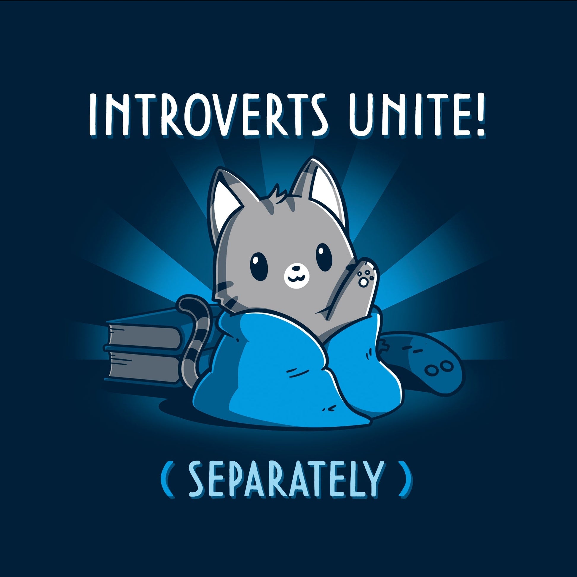 Classic Cotton T-shirt_TeeTurtle Introverts Unite! (Separately) navy blue t-shirt featuring an introverted cat snuggled up with books and video games.