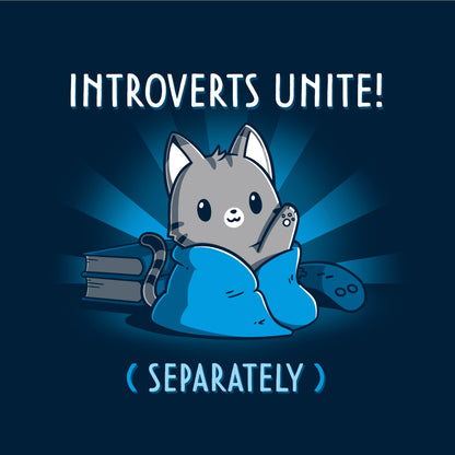 Classic Cotton T-shirt_TeeTurtle Introverts Unite! (Separately) navy blue t-shirt featuring an introverted cat snuggled up with books and video games.