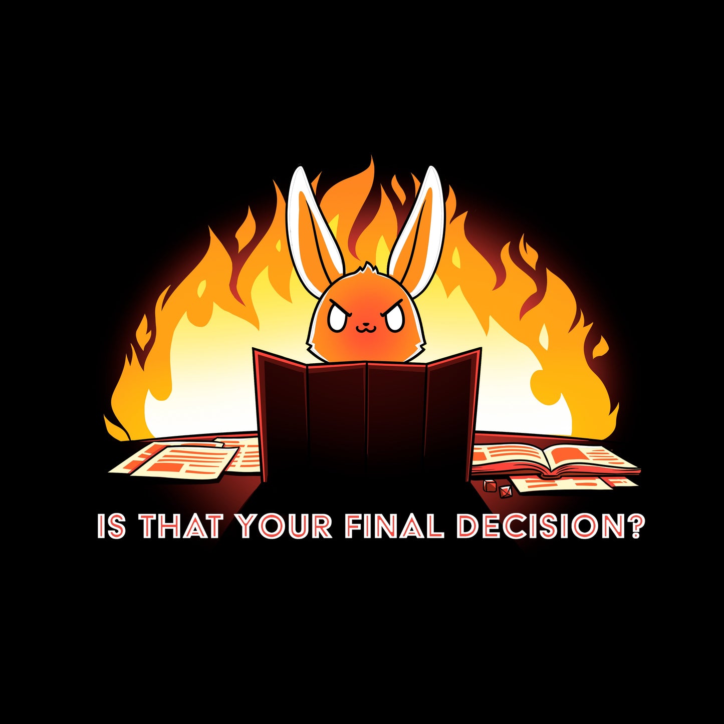 Classic Cotton T-shirt_TeeTurtle Is That Your Final Decision? black t-shirt featuring an extreme bunny tabletop gaming with fire behind them.