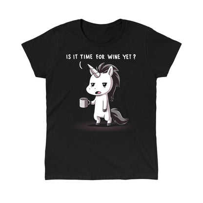 Classic Cotton T-shirt_TeeTurtle Is It Time For Wine Yet? black t-shirt featuring a unicorn holding a coffee mug with an annoyed expression and text above its head asking, "Is it time for wine yet?"