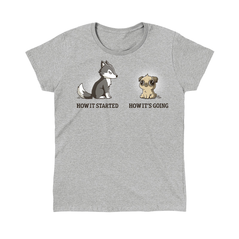 Classic Cotton T-shirt_TeeTurtle It's Going Great heather gray t-shirt featuring a wolf with text that reads "how it started", next to a small dog with text that reads "how it's going."