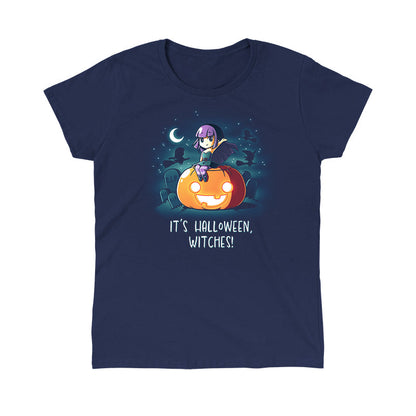 Classic Cotton T-shirt_TeeTurtle It's Halloween, Witches! navy blue t-shirt featuring an illustration of a witch with purple hair wearing a green dress with purple tights sitting on top of a large, smiling orange jack-o-lantern in a graveyard filled with tombstones that say R.I.P. The background features silhouettes of three black witches on broomsticks flying in the starry sky that features a quarter moon. "IT'S HALLOWEEN WITCHES!" is written underneath.