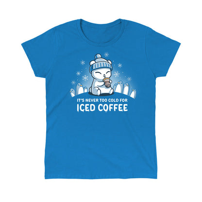 Classic Cotton T-shirt_TeeTurtle sapphire blue It's Never Too Cold for Iced Coffee apparel featuring a polar bear drinking iced coffee surrounded by penguins while it's snowing.