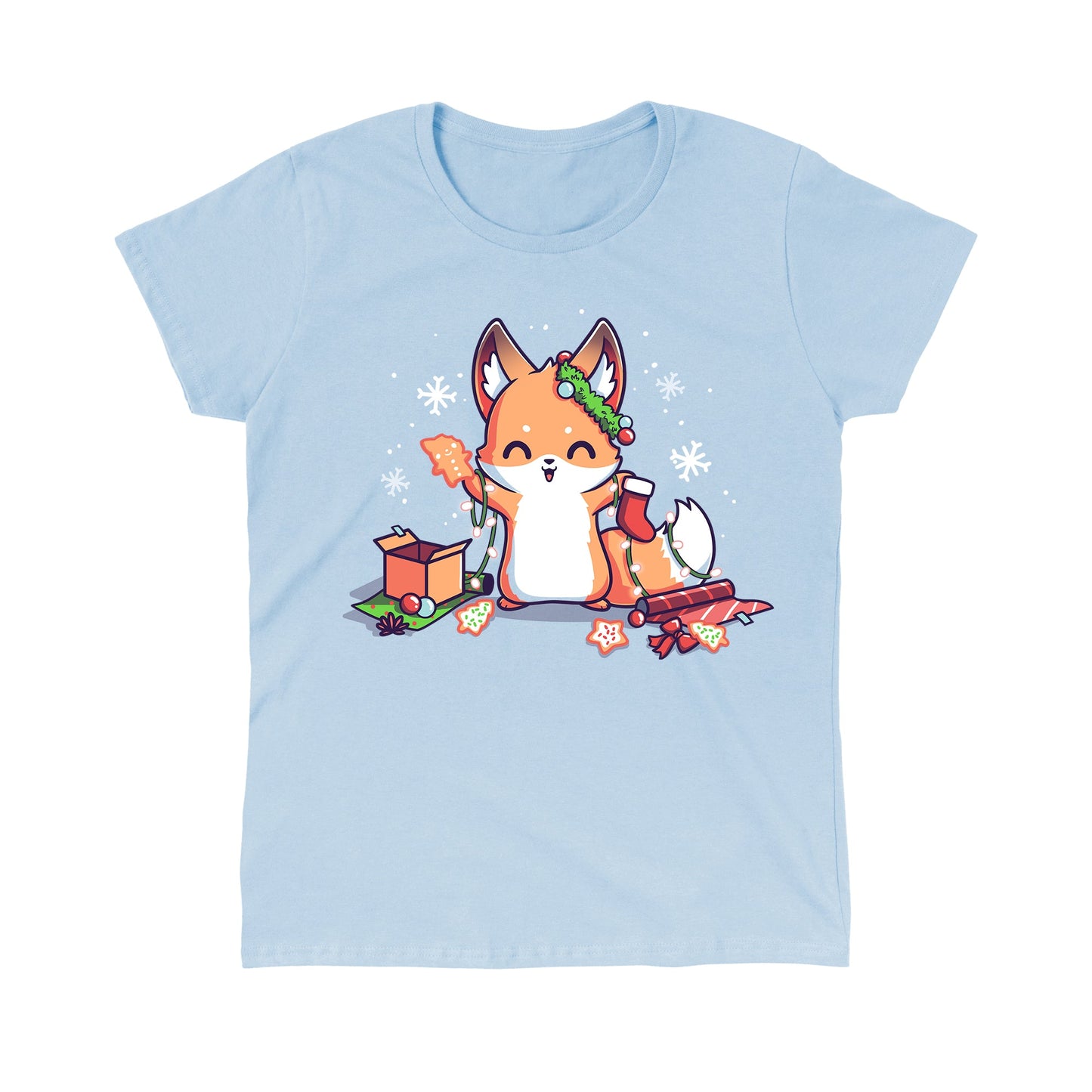 Classic Cotton T-shirt_TeeTurtle It's That Time of Year light blue t-shirt featuring a cheerful fox with green garland around its left ear surrounded by snowflakes and holding a red holiday stocking in one hand a Christmas cookie and a string of lights in the other. On the floor is red gift wrap, a red bow, Christmas cookies and a brown box on top of green gift wrap. 