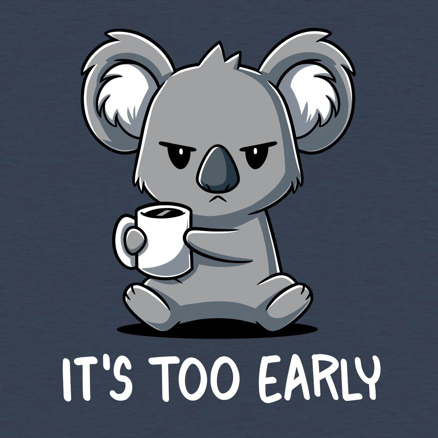 Classic Cotton T-shirt_Teeturtle It's Too Early heather navy t-shirt featuring a grumpy Koala gripping a cup of coffee with 'It's Too Early' written underneath.