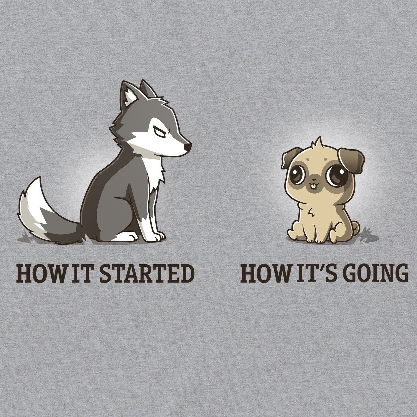 Classic Cotton T-shirt_TeeTurtle It's Going Great heather gray t-shirt featuring a wolf with text that reads "how it started", next to a small dog with text that reads "how it's going."