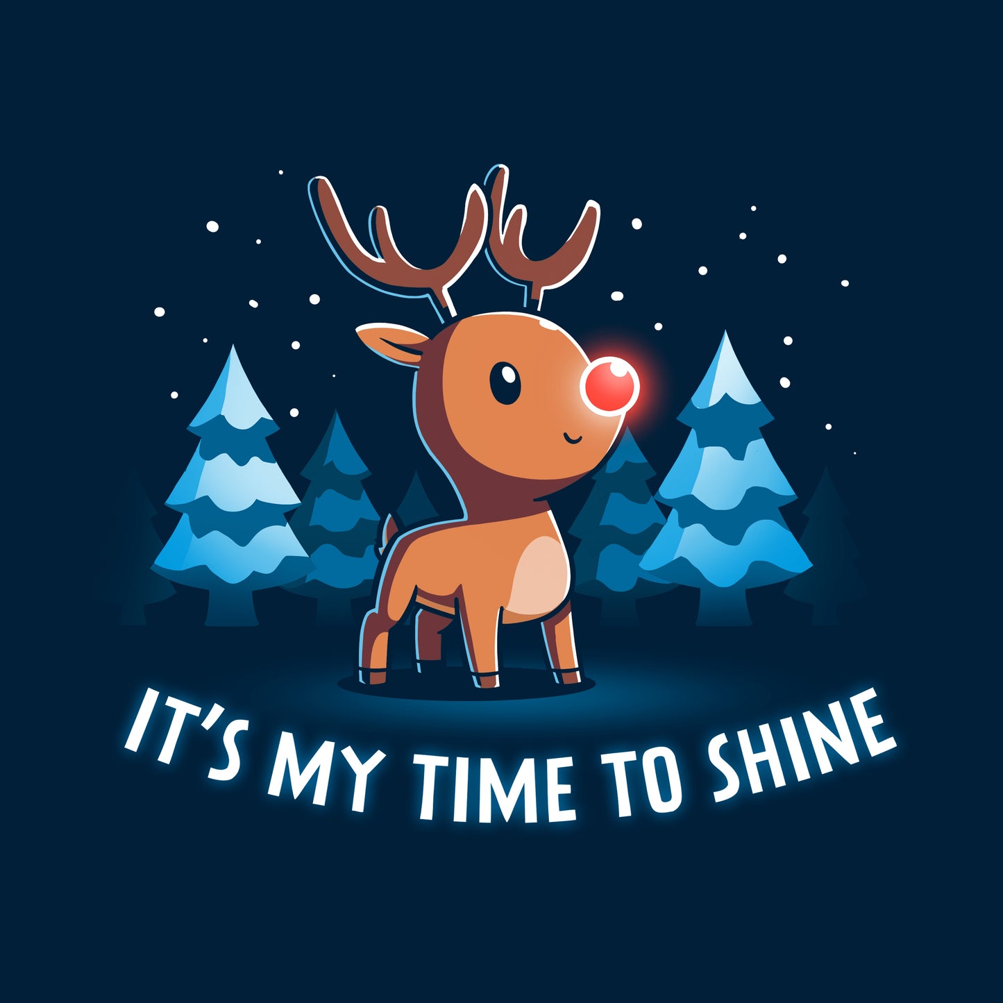 Classic Cotton T-shirt_TeeTurtle navy blue It's My Time To Shine. Featuring a reindeer with a red nose in a wintery forest.