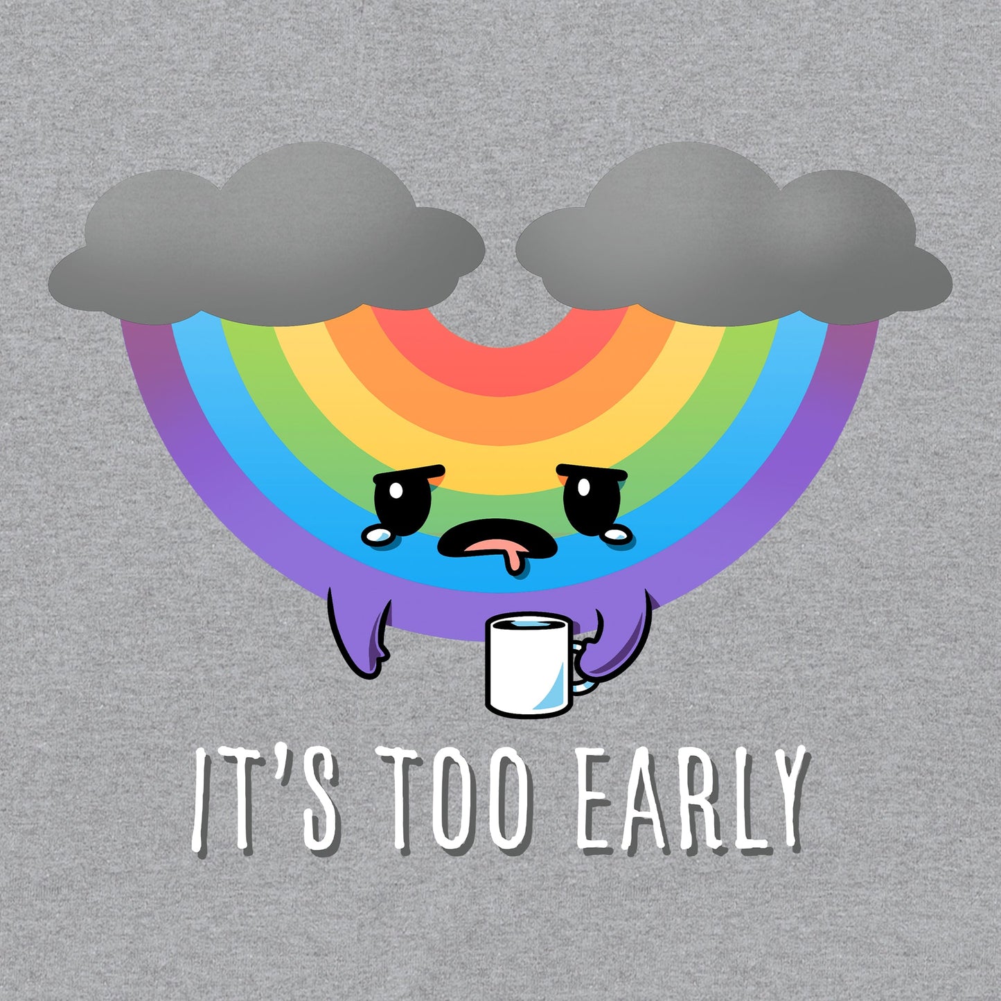 Classic Cotton T-shirt_TeeTurtle It's Too Early (Rainbow) heather gray t-shirt featuring an upside down, tired looking rainbow with storm clouds, holding a cup of coffee.