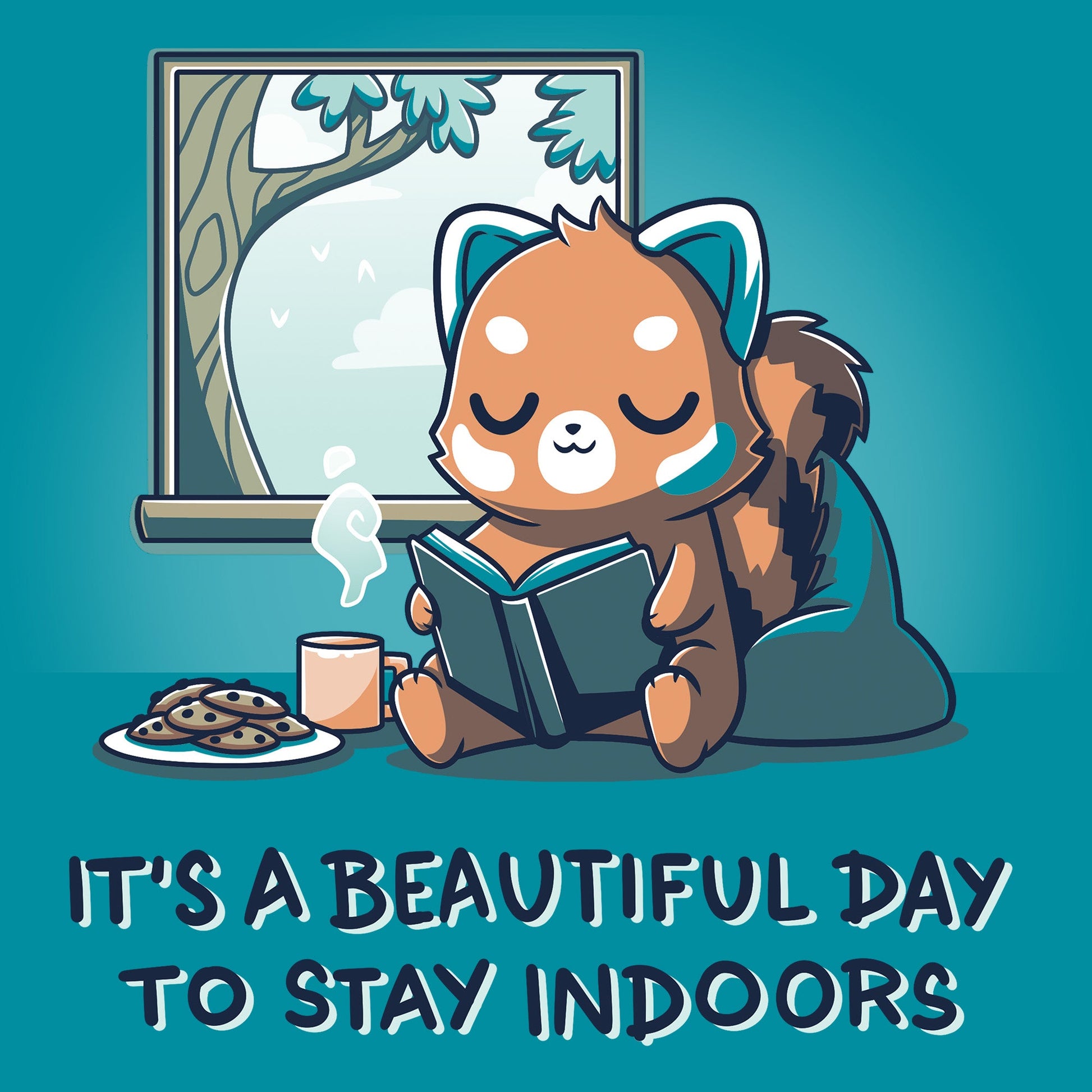 Classic Cotton T-shirt_TeeTurtle It's a Beautiful Day to Stay Indoors tropical blue t-shirt featuring a red panda, sitting on a bean bag chair, reading a book next to a window. A plate of cookies and a steaming cup are beside the panda. Text below reads, "It's a beautiful day to stay indoors." 