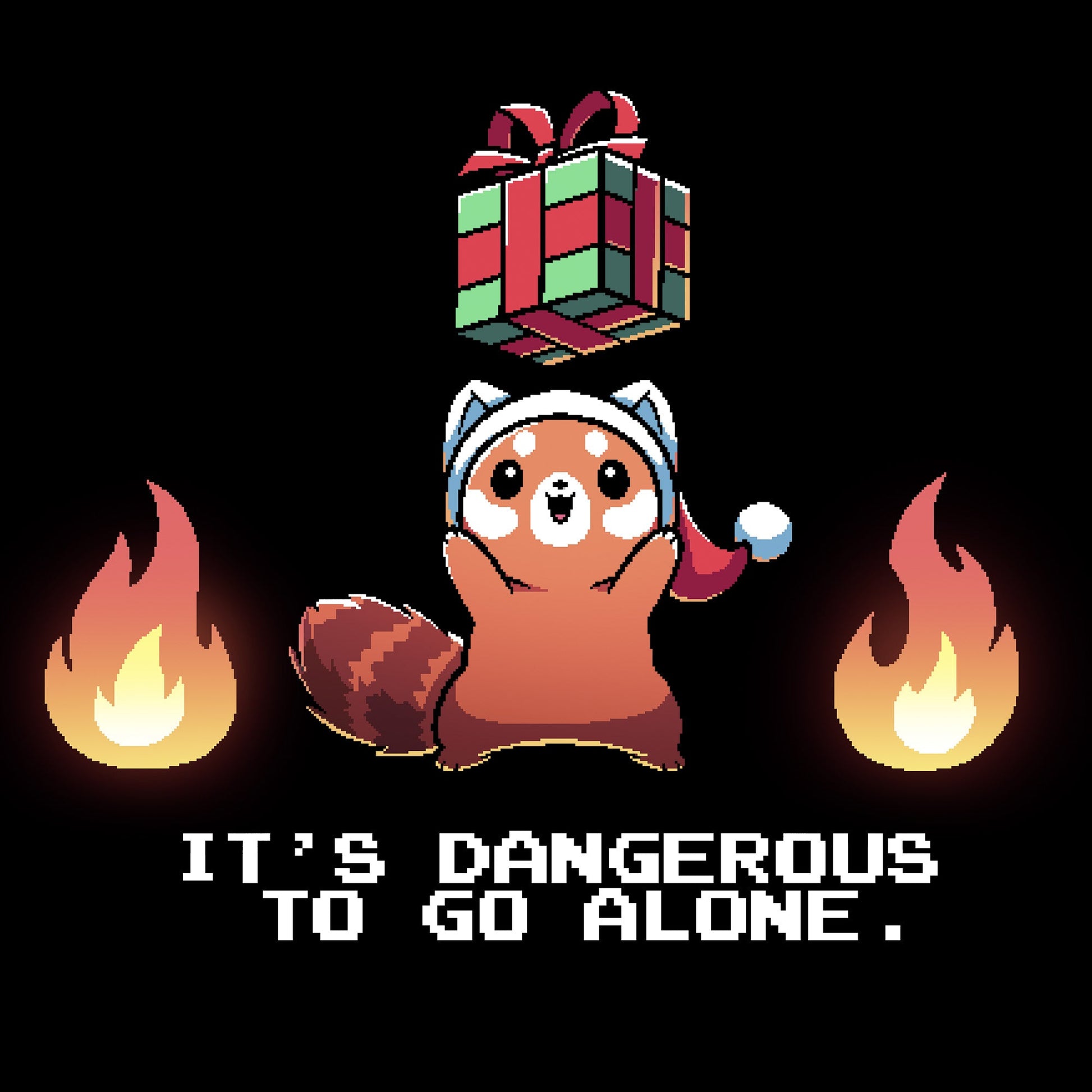 Long Sleeve T-shirt_TeeTurtle black It's Dangerous To Go Alone apparel featuring a red panda holding a floating present surrounded by two flames.