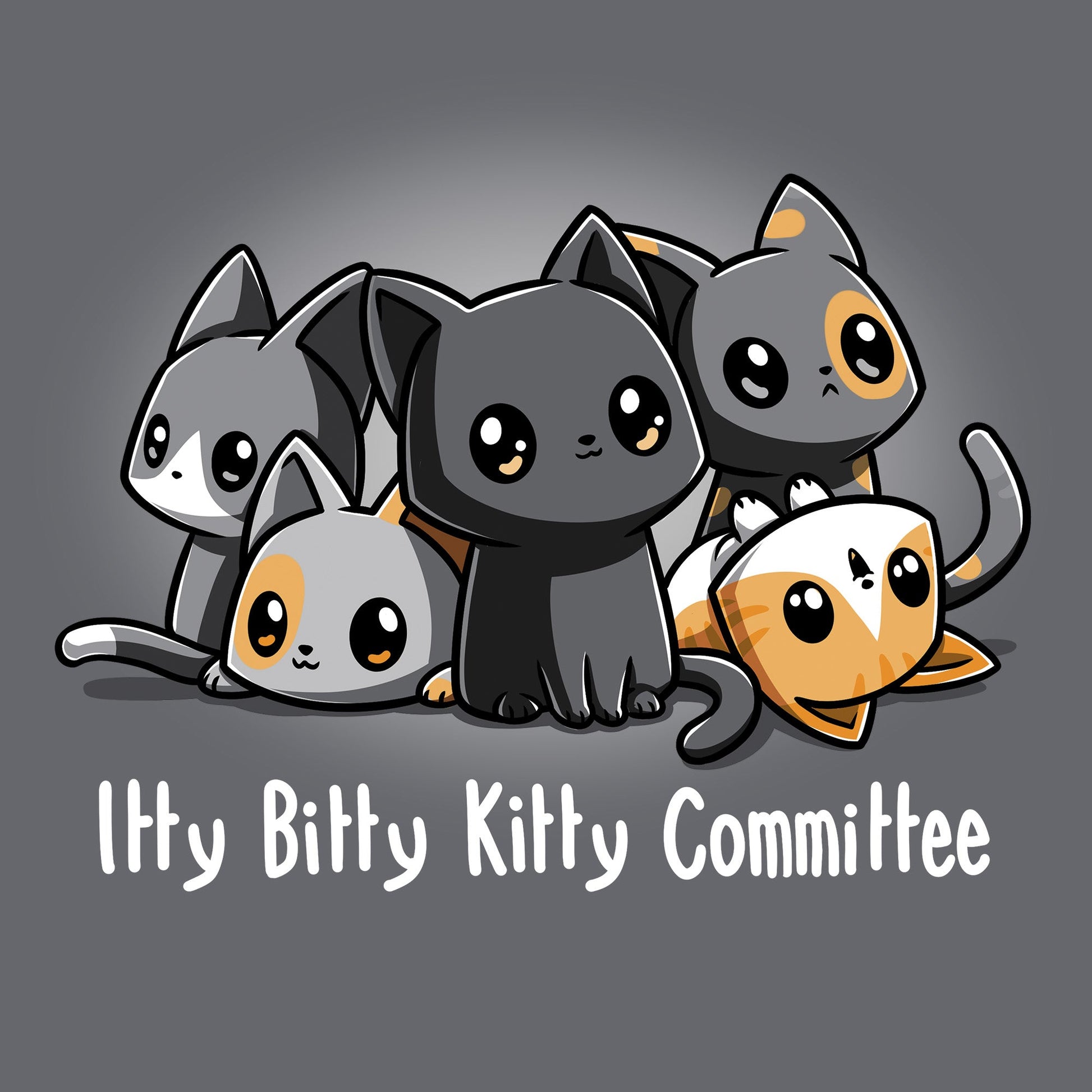 Classic Cotton T-shirt_TeeTurtle Itty Bitty Kitty Committee Charcoal Gray t-shirt featuring five cartoon kittens with large eyes sitting and lying down together with the text "Itty Bitty Kitty Committee" below them.