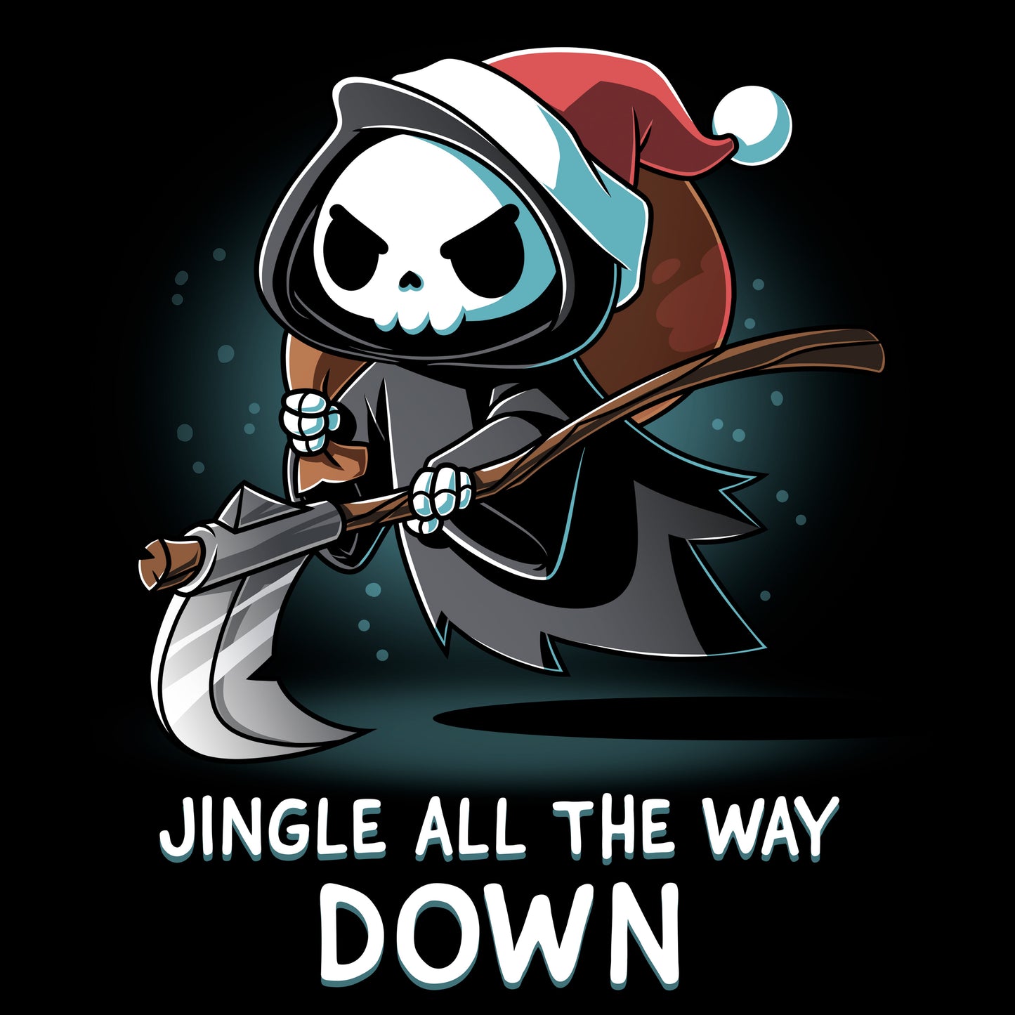 Classic Cotton T-shirt_TeeTurtle black Jingle All the Way Down apparel featuring the Grim Reaper wearing a Santa hat carrying a sack, and scythe.