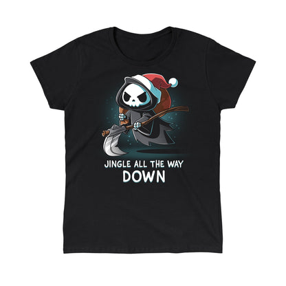 Classic Cotton T-shirt_TeeTurtle black Jingle All the Way Down apparel featuring the Grim Reaper wearing a Santa hat carrying a sack, and scythe.