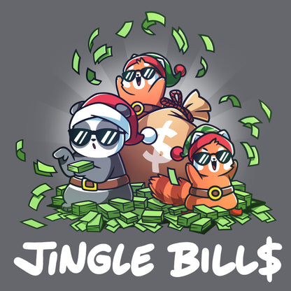 Classic Cotton T-shirt_TeeTurtle charcoal gray Jingle Bills apparel featuring a panda, and two red pandas wearing Santa hats and sunglasses sitting on a pile of money and throwing bills in the air.