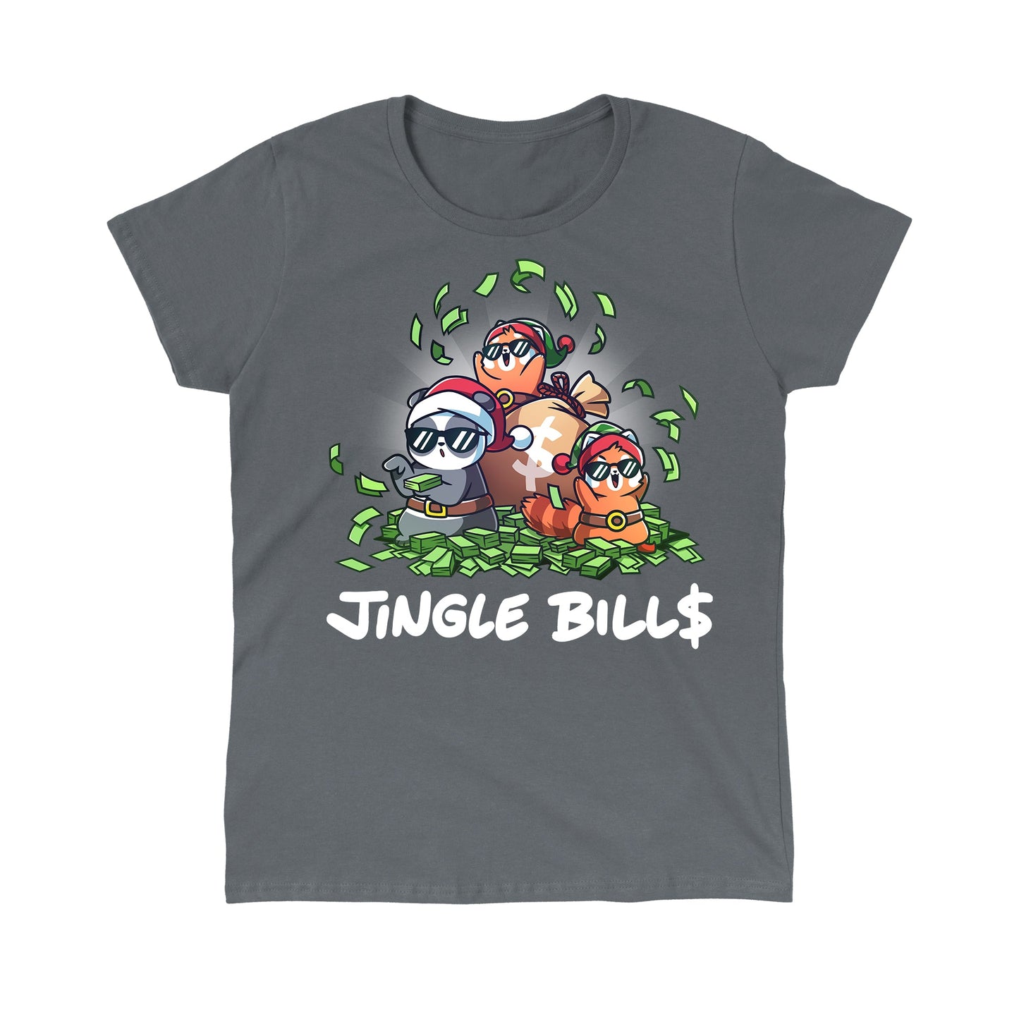 Classic Cotton T-shirt_TeeTurtle charcoal gray Jingle Bills apparel featuring a panda, and two red pandas wearing Santa hats and sunglasses sitting on a pile of money and throwing bills in the air.