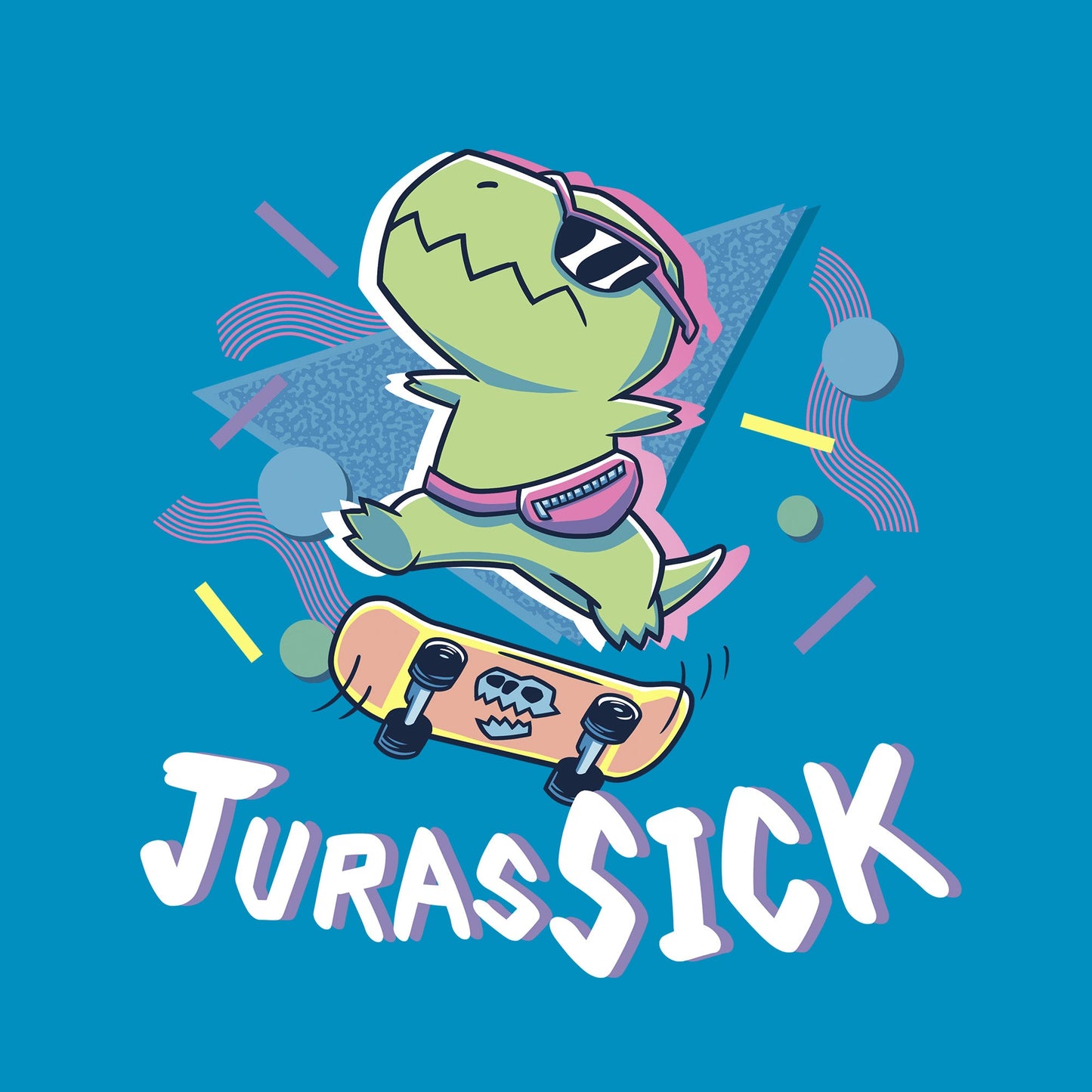 Classic Cotton T-shirt_TeeTurtle JurasSICK sapphire Blue t-shirt featuring a cool dinosaur wearing sunglasses and a fanny pack, jumping on a skateboard. The word "JurasSICK" is written at the bottom.