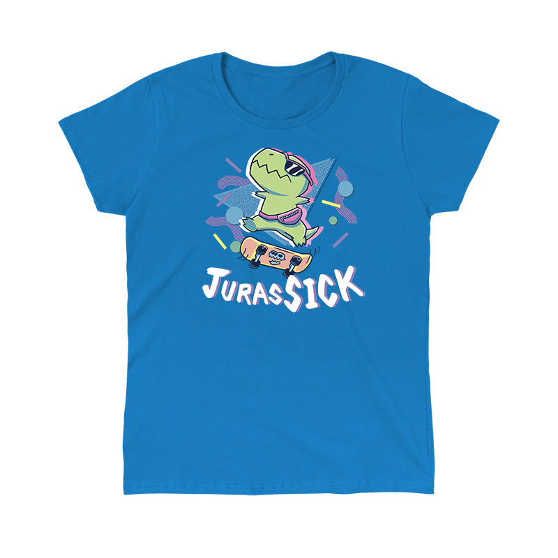 Classic Cotton T-shirt_TeeTurtle JurasSICK sapphire Blue t-shirt featuring a cool dinosaur wearing sunglasses and a fanny pack, jumping on a skateboard. The word "JurasSICK" is written at the bottom.