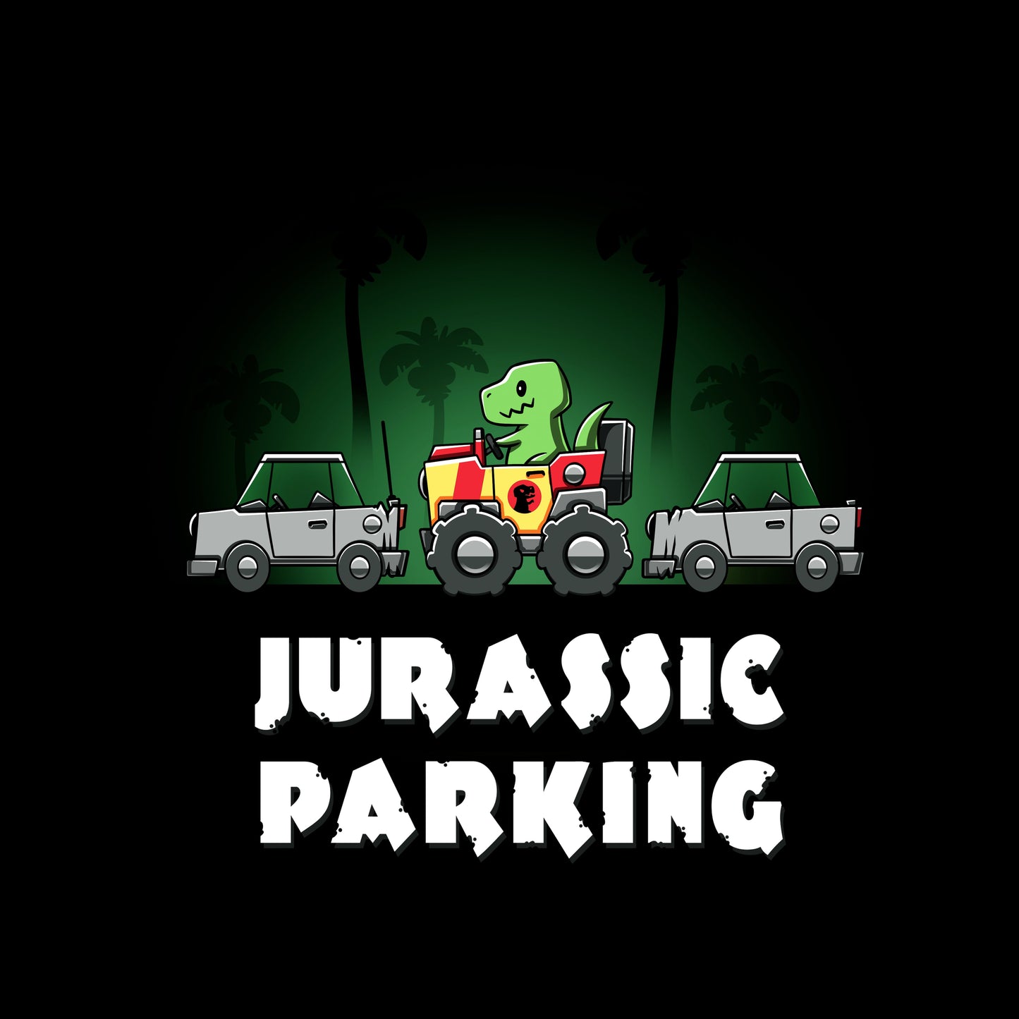 Classic Cotton T-shirt_TeeTurtle Jurassic Parking black t-shirt featuring a pun of a t-rex dinosaur parallel parking in a movie themed jeep.