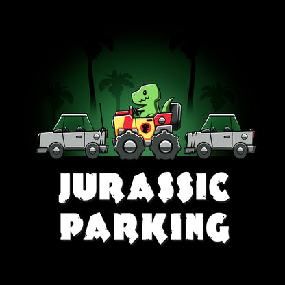 Crew Neck Sweatshirt_TeeTurtle Jurassic Parking black design featuring a pun of a t-rex dinosaur parallel parking in a movie themed jeep.