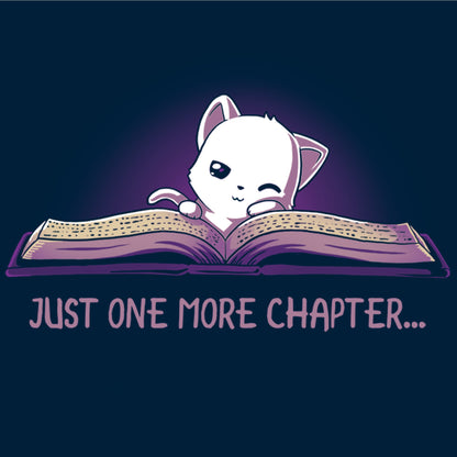 Long Sleeve T-shirt_TeeTurtle navy blue Just One More Chapter. Featuring a sleepy white cat reading a book.