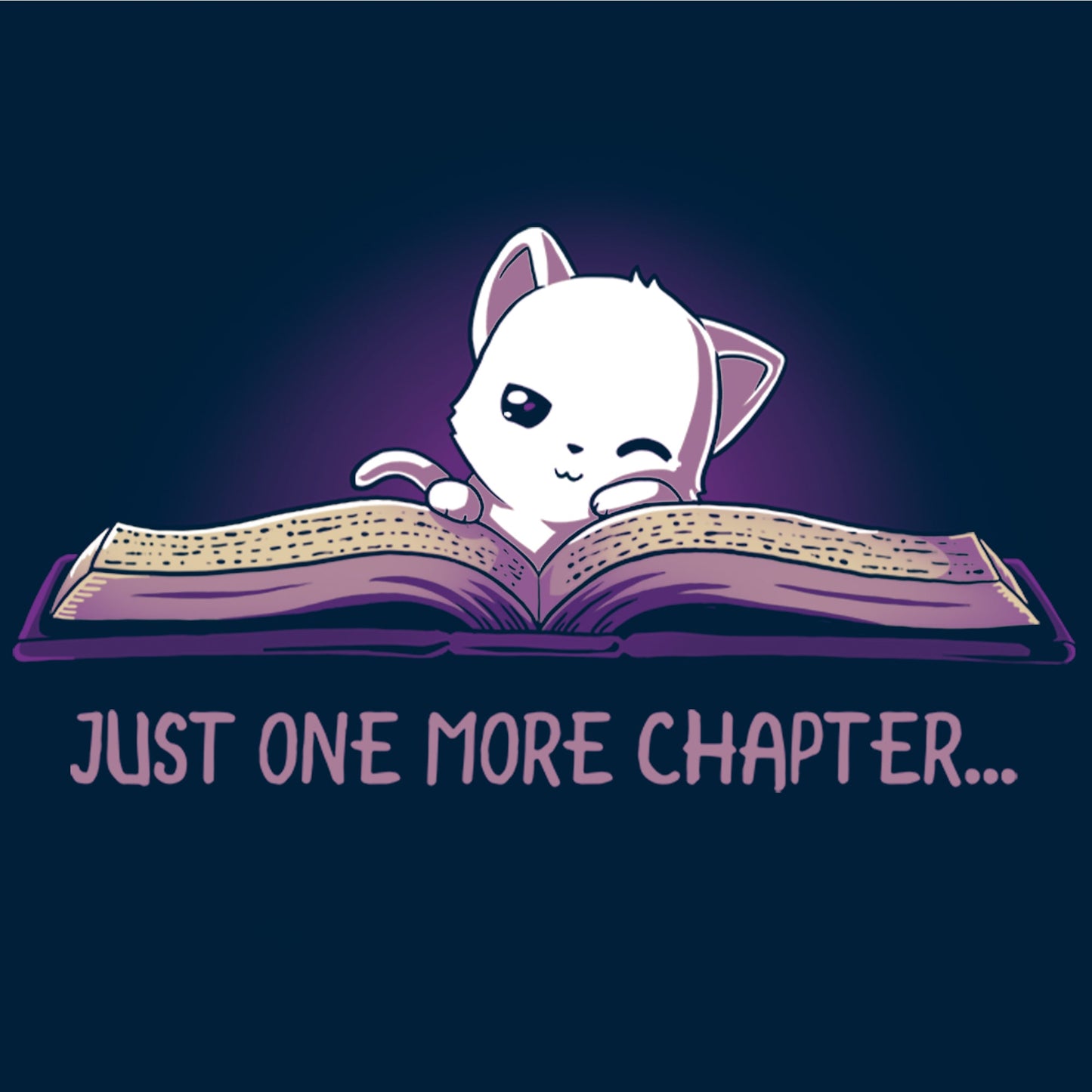 Crew Neck Sweatshirt_TeeTurtle navy blue Just One More Chapter. Featuring a sleepy white cat reading a book.