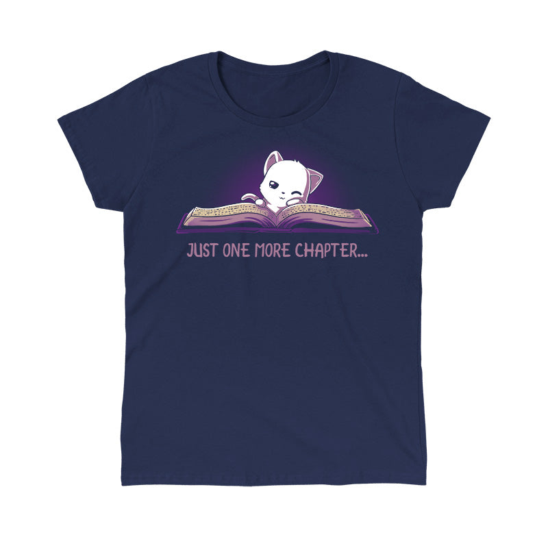 Classic Cotton T-shirt_TeeTurtle navy blue Just One More Chapter. Featuring a sleepy white cat reading a book.