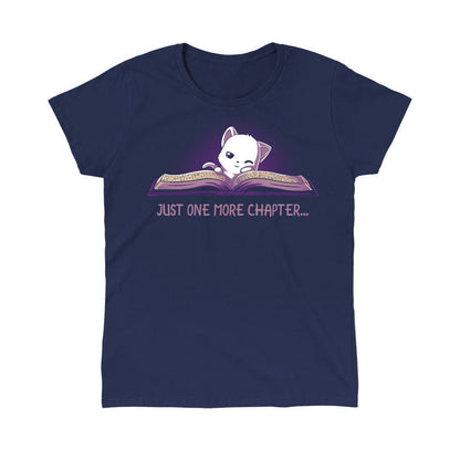 Classic Cotton T-shirt_TeeTurtle navy blue Just One More Chapter. Featuring a sleepy white cat reading a book.