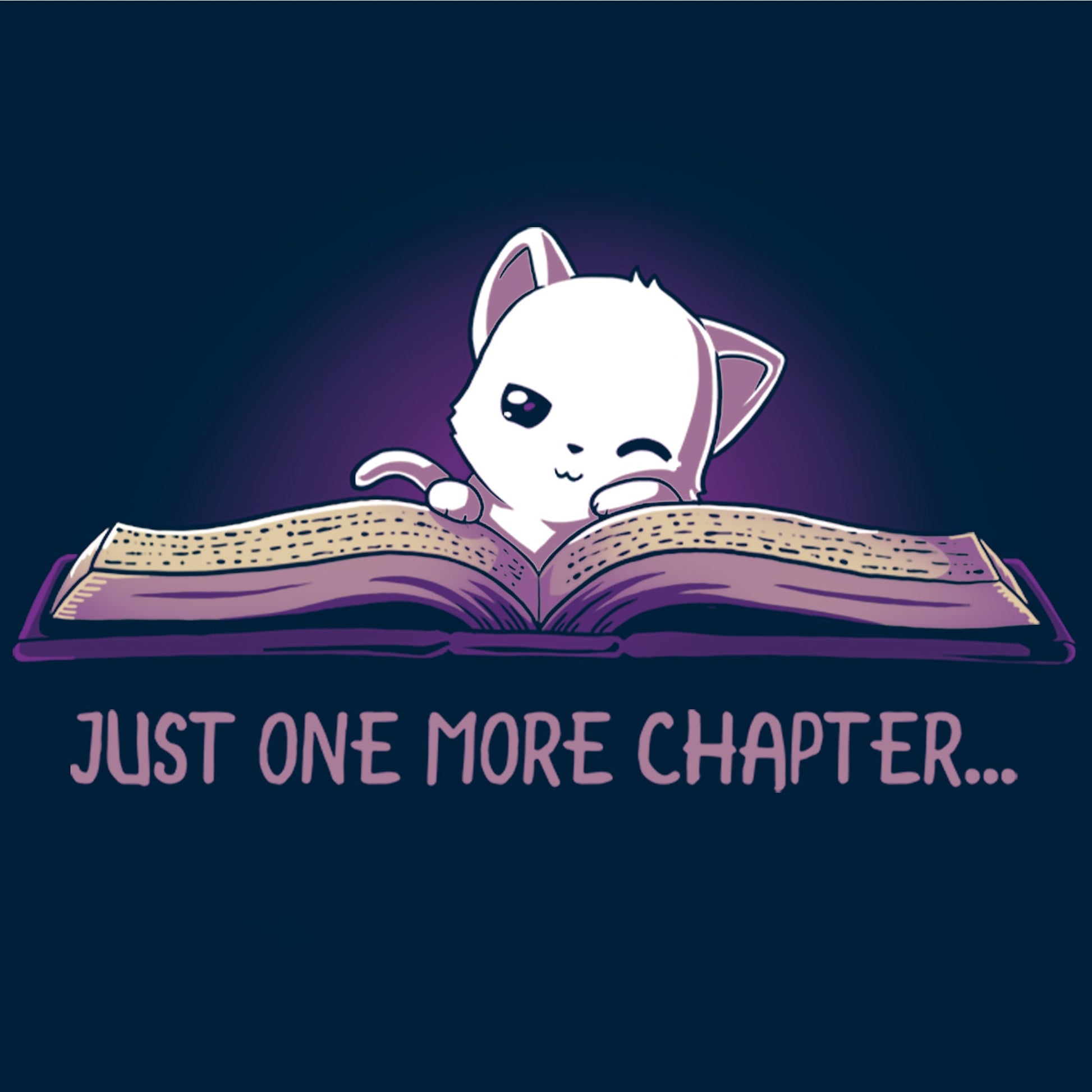 Pullover Hoodie_TeeTurtle navy blue Just One More Chapter. Featuring a sleepy white cat reading a book.