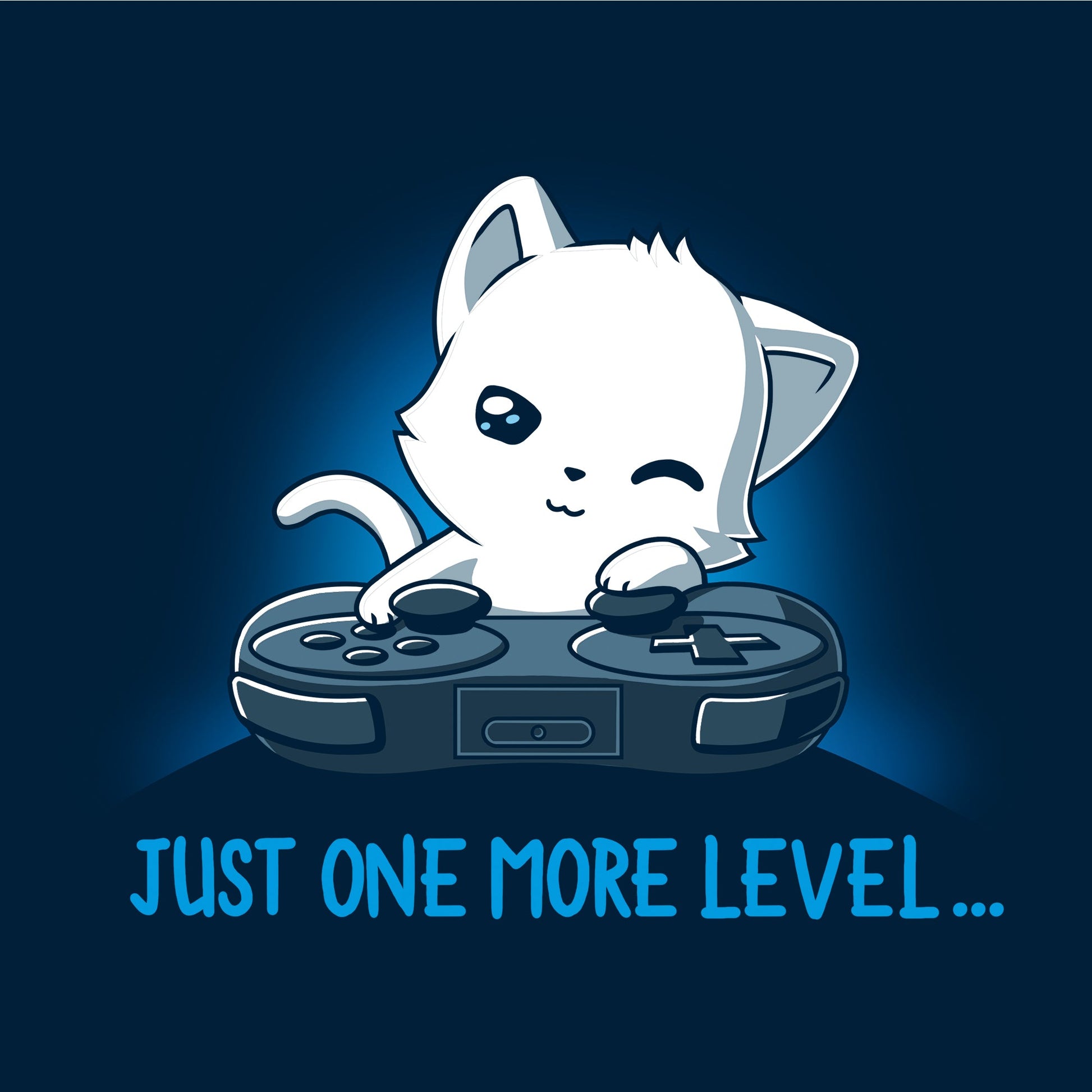 Pullover Hoodie_TeeTurtle Just One More Level navy blue design featuring a cat falling asleep in front of a video game controller.