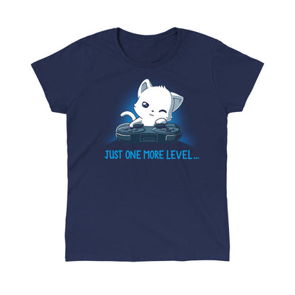 Classic Cotton T-shirt_TeeTurtle Just One More Level navy blue t-shirt featuring a cat falling asleep in front of a video game controller.