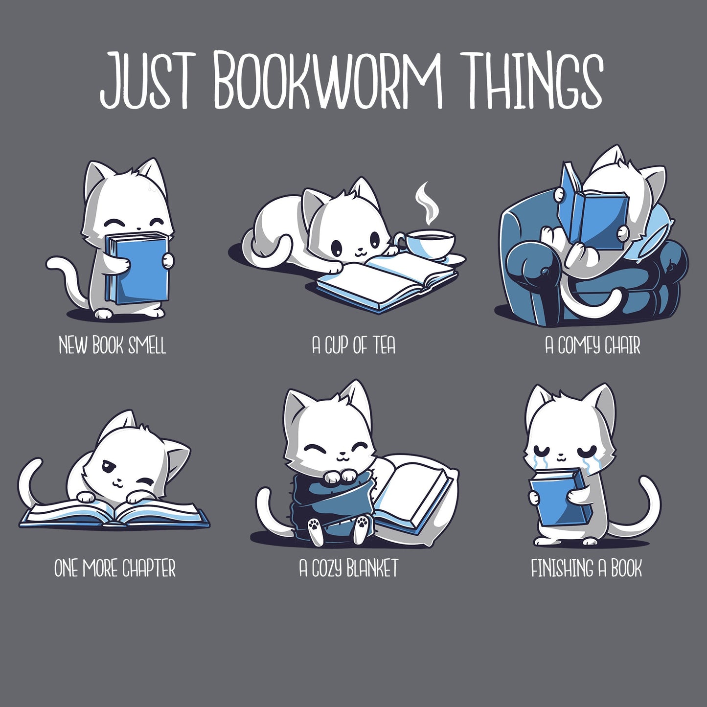 Classic Cotton T-shirt_TeeTurtle Just Bookworm Things charcoal grey t-shirt featuring cat characters enjoying different aspects of reading.