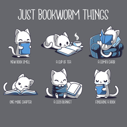 Classic Cotton T-shirt_TeeTurtle Just Bookworm Things charcoal grey t-shirt featuring cat characters enjoying different aspects of reading.