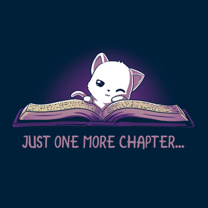 Classic Cotton T-shirt_TeeTurtle navy blue Just One More Chapter. Featuring a sleepy white cat reading a book.