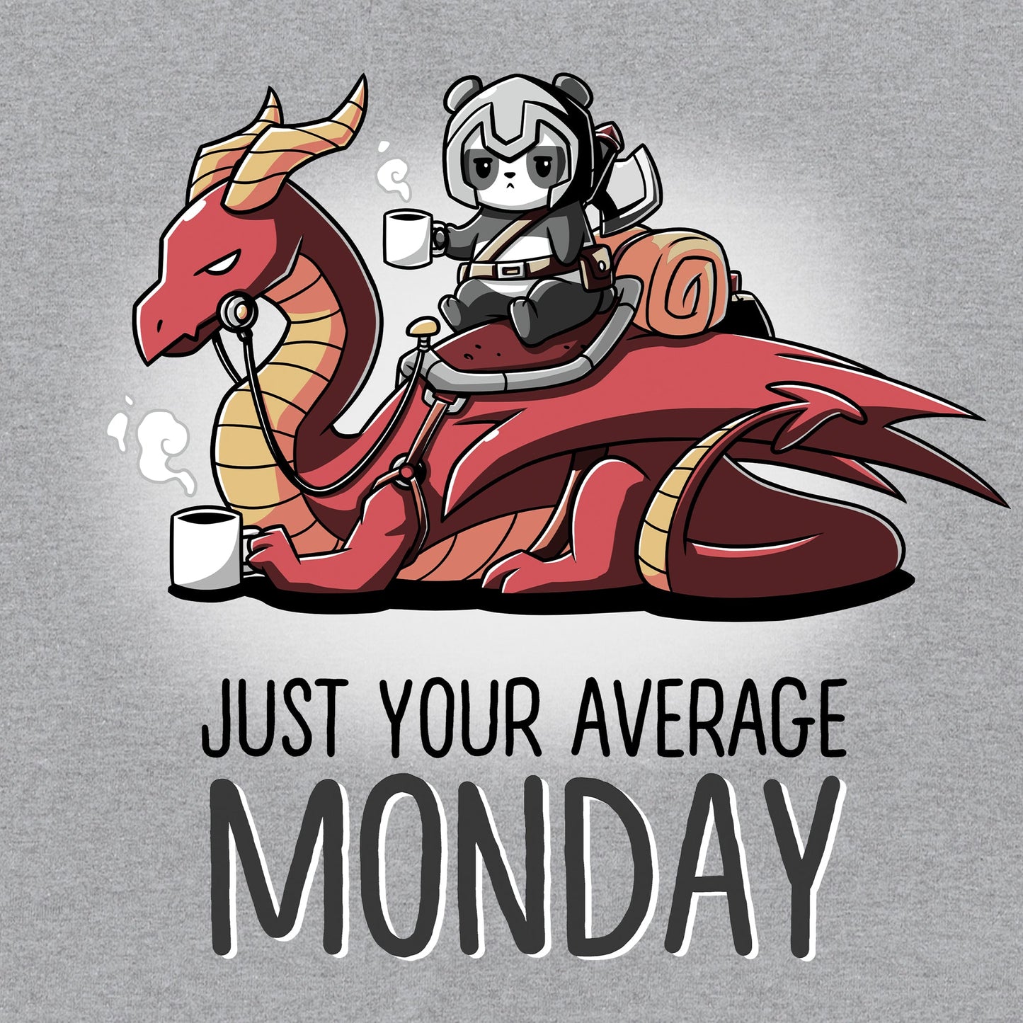 Classic Cotton T-shirt_TeeTurtle Just Your Average Monday heather gray t-shirt featuring an adventurous panda with a cup of coffee riding on a dragon that is also holding a cup of coffee, the image set over the words "Just Your Average Monday."