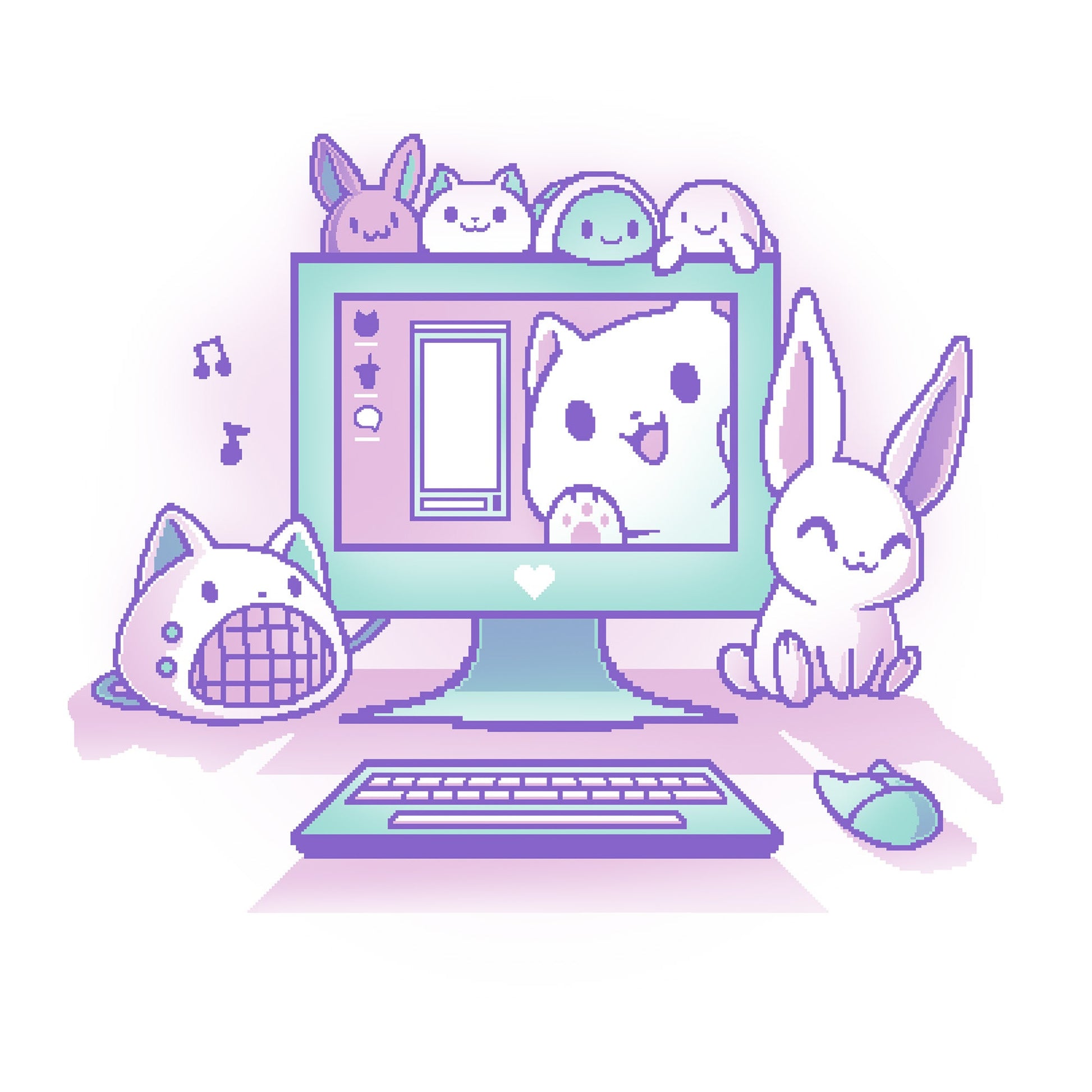 Classic Cotton T-shirt_TeeTurtle Kawaii Computer white t-shirt featuring a cute computer set-up with a bunny, cat speaker, and plushies.