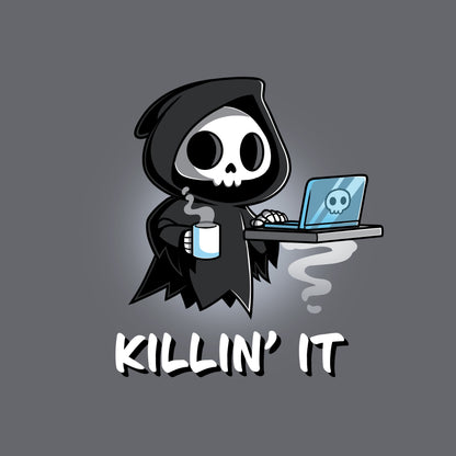 Classic Cotton T-shirt_TeeTurtle Killin' It charcoal gray t-shirt featuring a Grim Reaper with a laptop and coffee cup, accompanied by the word pun tagline "KILLIN' IT."