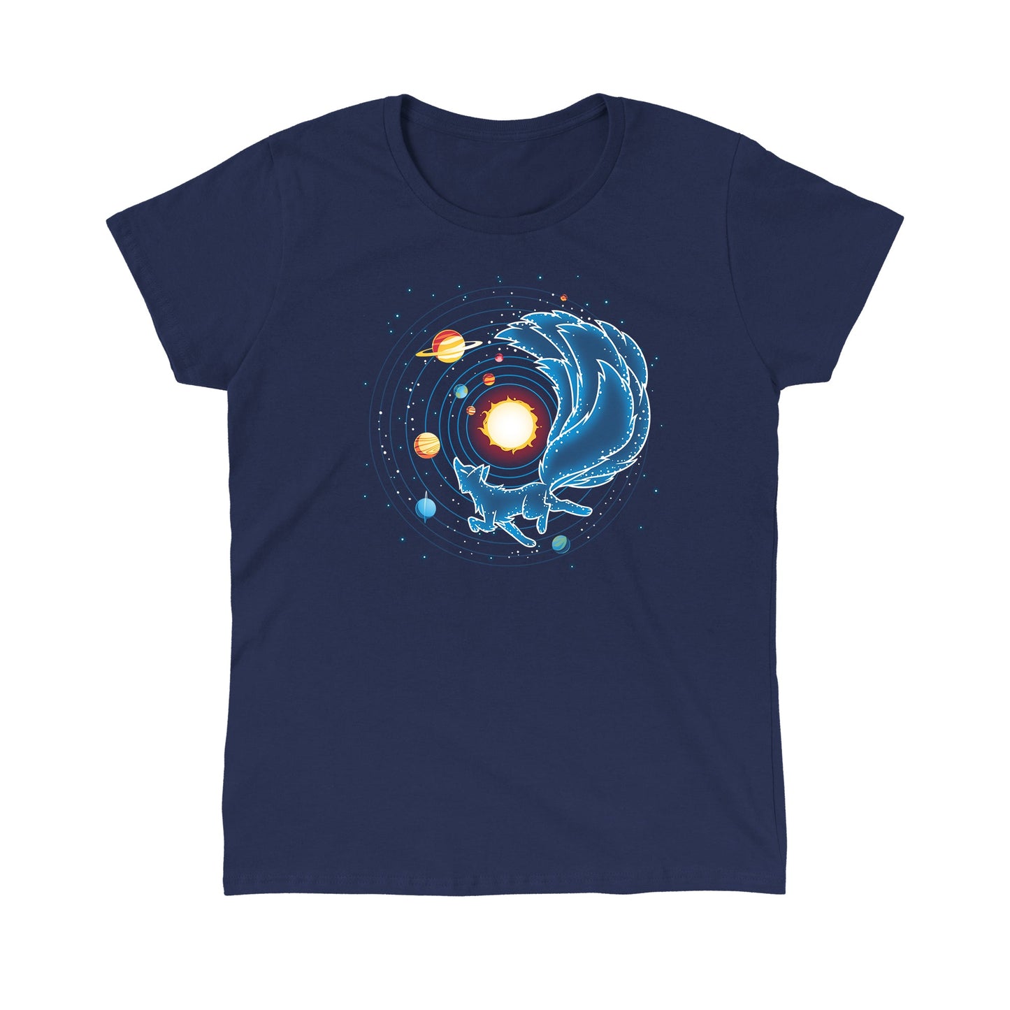 Classic Cotton T-shirt_TeeTurtle Kitsune Constellation navy blue t-shirt featuring the celestial outline of a kitsune Constellation, with a starry tail circling the sun, surrounded by planets and orbiting lines on a dark background.