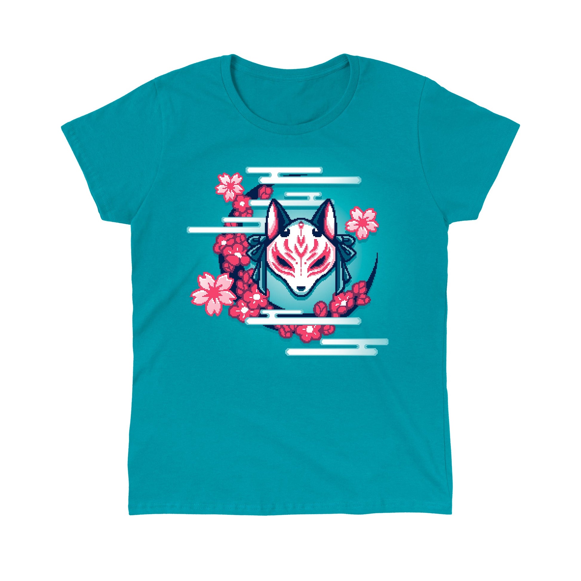 Classic Cotton T-shirt_TeeTurtle Kitsune Mask Pixel Art tropical blue t-shirt depicts a pixel art of a white fox mask with red markings and tied bows by a crescent of pink cherry blossoms and stylized white smoke.