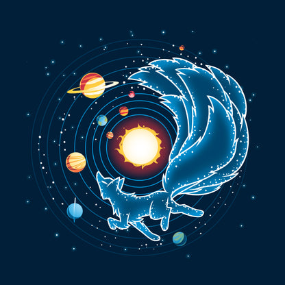 Classic Cotton T-shirt_TeeTurtle Kitsune Constellation navy blue t-shirt featuring the celestial outline of a kitsune Constellation, with a starry tail circling the sun, surrounded by planets and orbiting lines on a dark background.