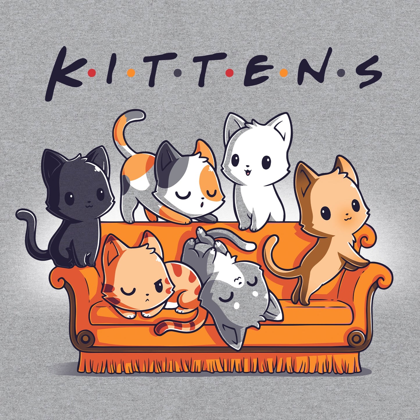 Classic Cotton T-shirt_TeeTurtle Kittens heather gray t-shirt featuring six kittens in various colors and patterns sitting and lying on an orange couch with the word "Kittens" spelled out above them.