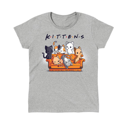 Classic Cotton T-shirt_TeeTurtle Kittens heather gray t-shirt featuring six kittens in various colors and patterns sitting and lying on an orange couch with the word "Kittens" spelled out above them.