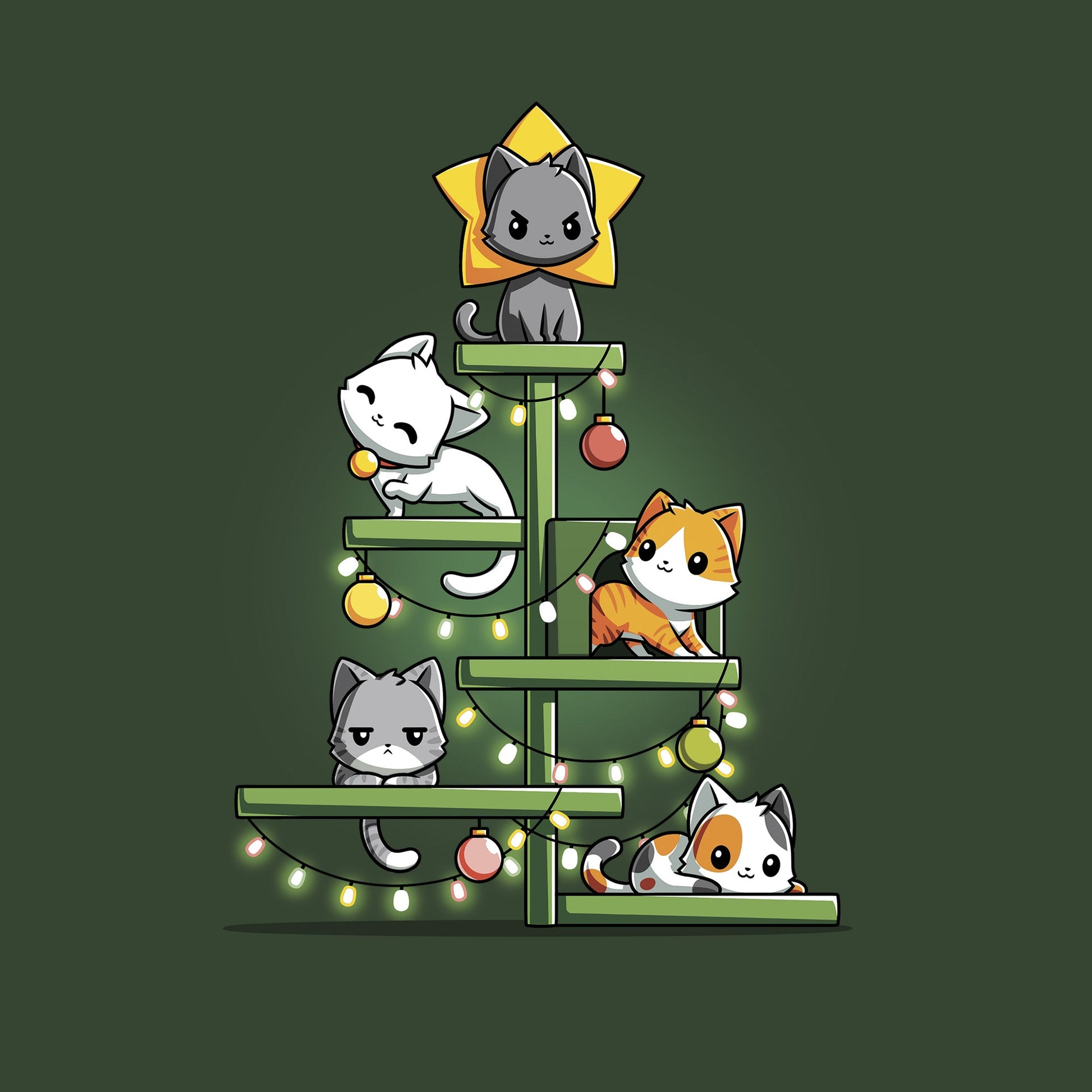 Classic Cotton T-shirt_TeeTurtle forest green Kitty Christmas Tree t-shirt featuring a group of cats on a cat tree with holiday decor draped on it.