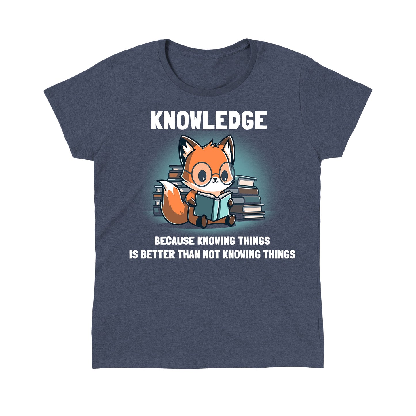 Classic Cotton T-shirt _TeeTurtle Knowing Things Heather Navy Blue t-shirt featuring a fox wearing glasses, reading a book, with stacks of books behind it. 