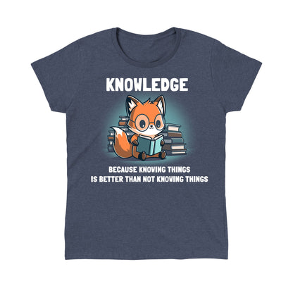 Classic Cotton T-shirt _TeeTurtle Knowing Things Heather Navy Blue t-shirt featuring a fox wearing glasses, reading a book, with stacks of books behind it. 